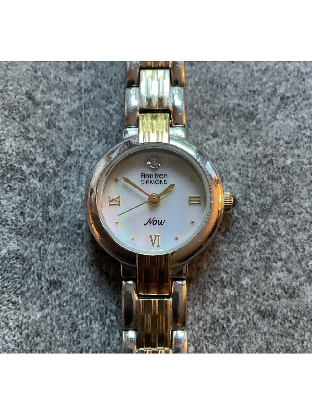 Beautiful Armitron Womens Diamond Watch Two Tone Case & Band W/MOP Dial Bin S